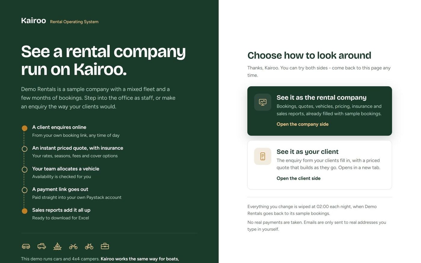 The Kairoo demo welcome page with two options: see it as the rental company, or see it as your client