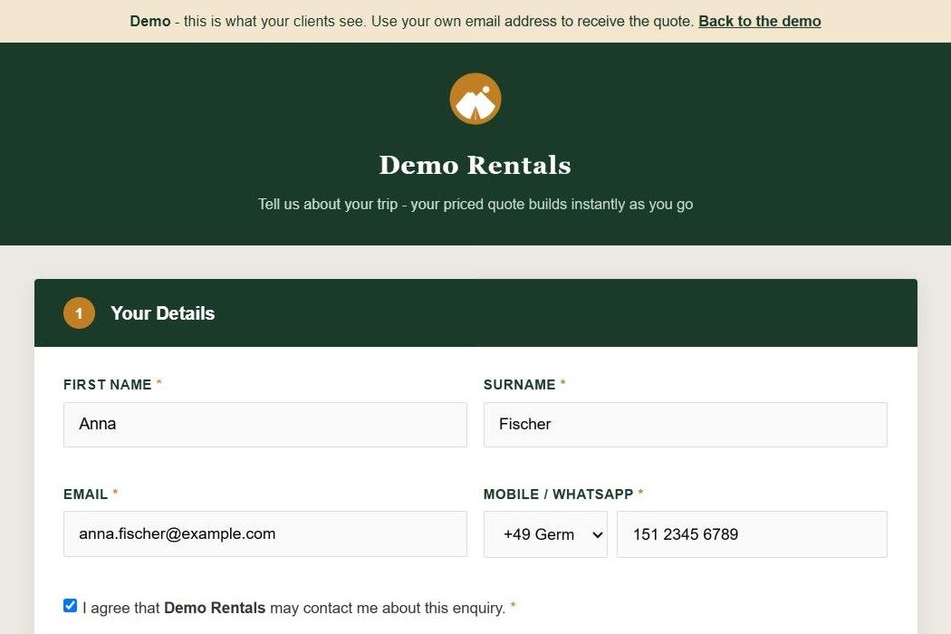 The first step of the Demo Rentals enquiry form with name, email, mobile number and the consent box
