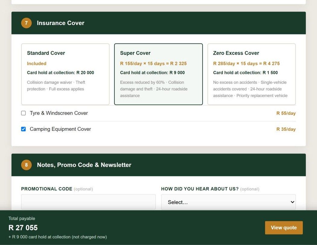 Insurance options with daily rates and card holds, and the running total at the bottom of the screen