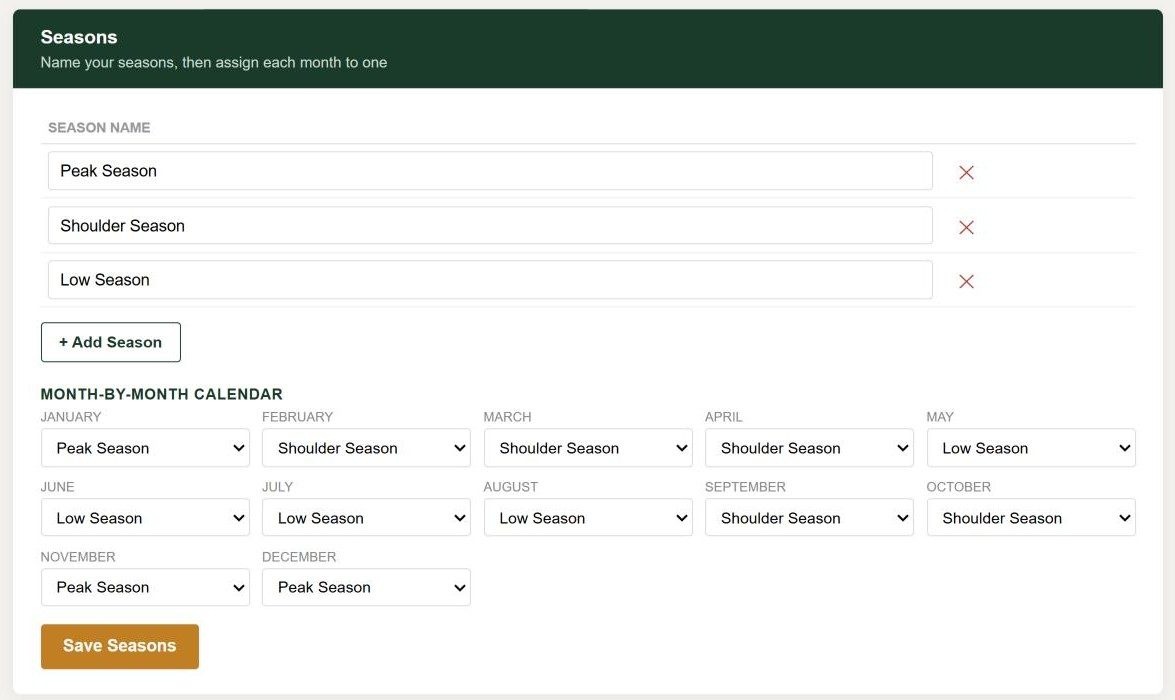 Pricing settings with seasons assigned month by month